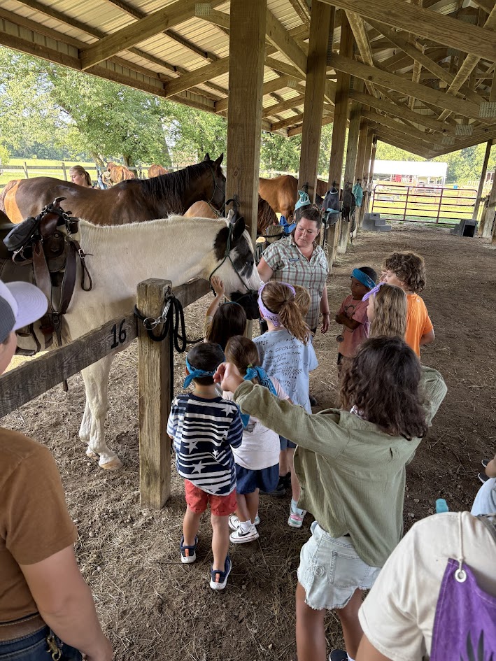 youth standing in front of horses inside a stable